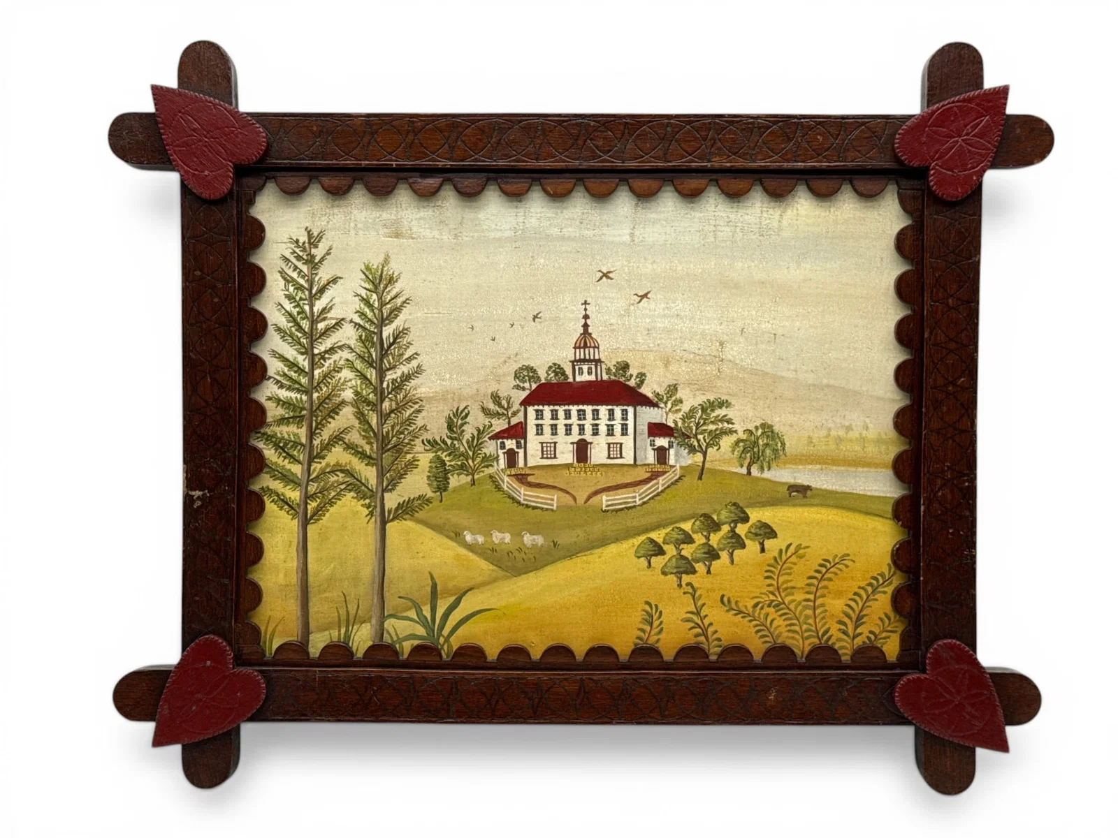 American Folk Art Oil/Board: Stately Estate