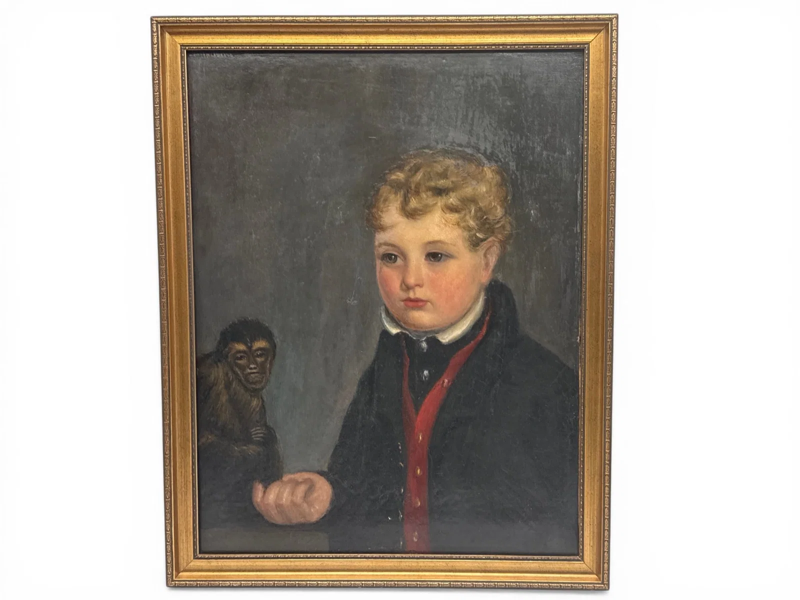 American Folk Art Oil/Canvas: Boy and Monkey