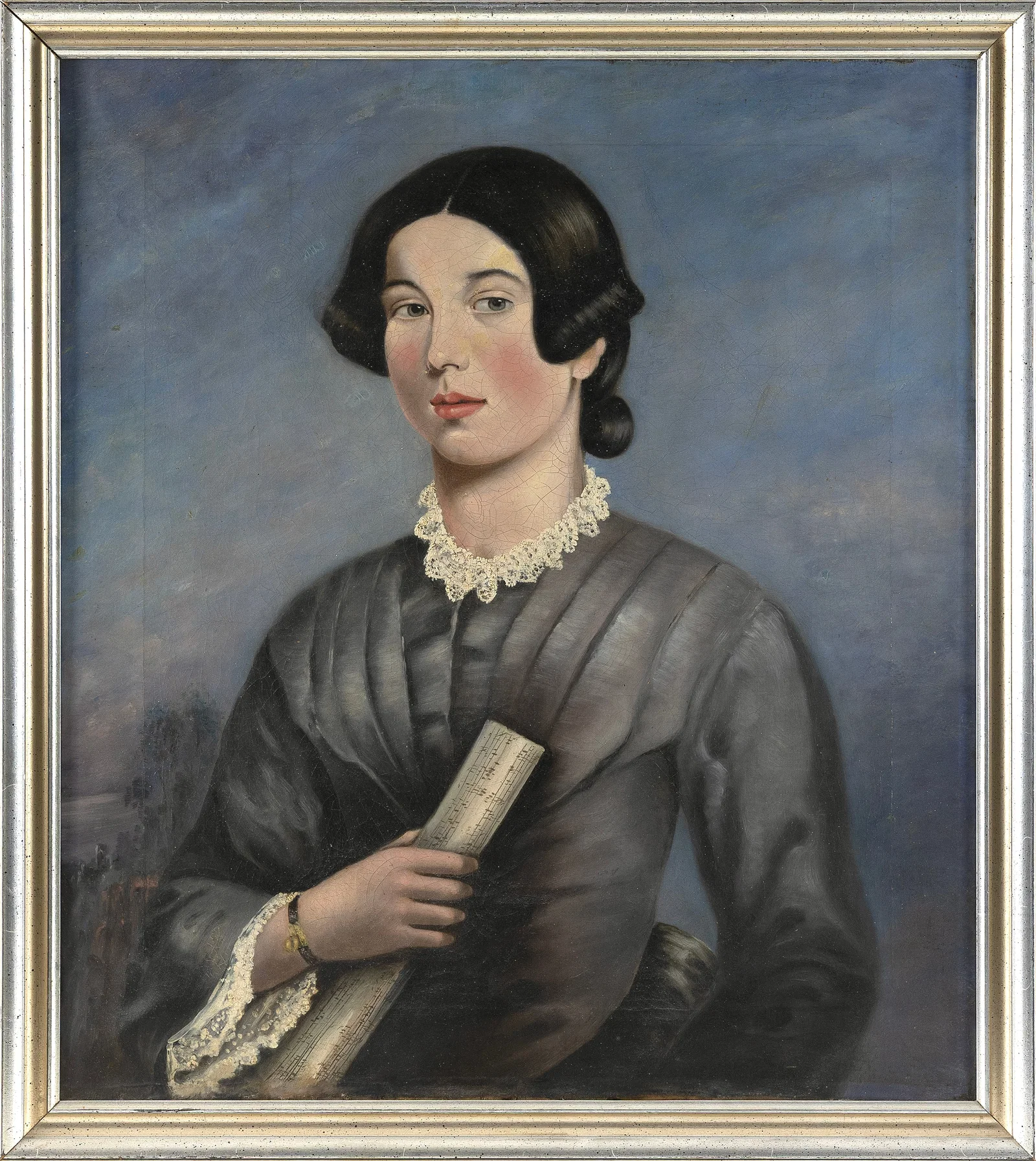 AMERICAN SCHOOL (19th Century,), Portrait of a woman holding a paper., Oil on canvas, 27" x 29".