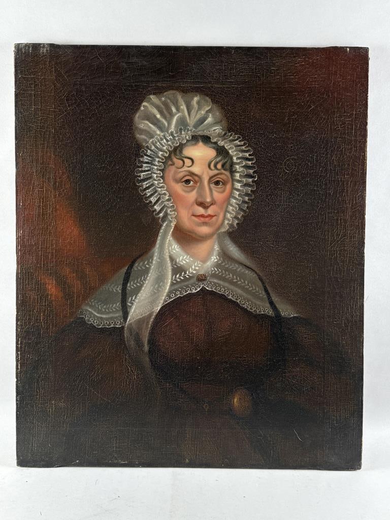 AMERICAN SCHOOL (19th Century,), Portrait of a woman wearing a lace cap., Oil on canvas, 30" x 25".