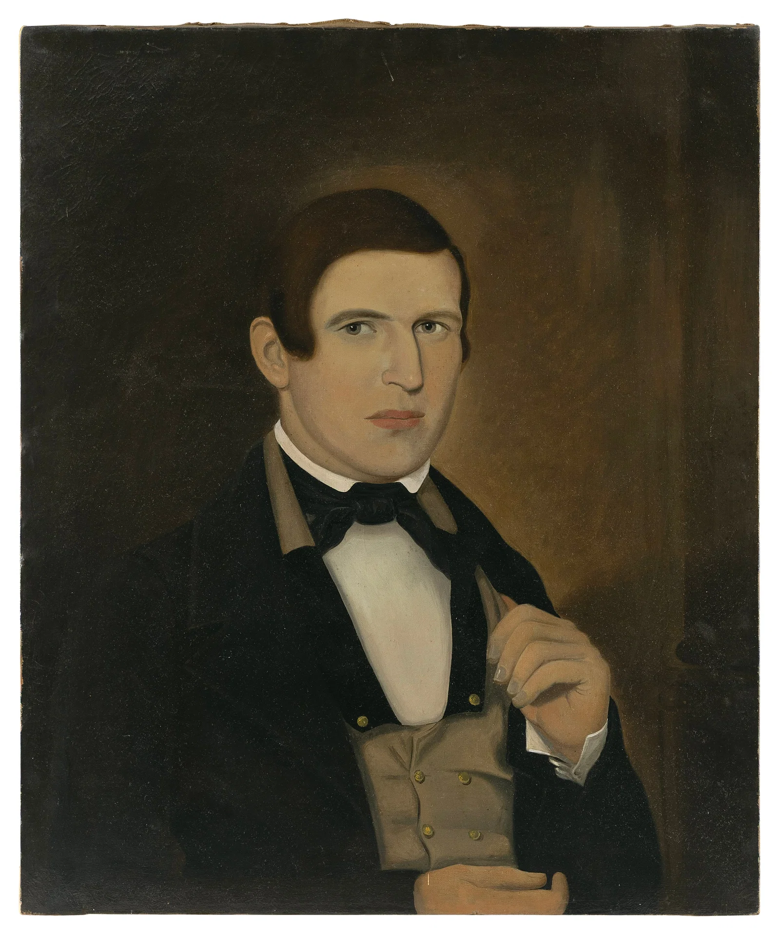 AMERICAN SCHOOL (19th Century,), Portrait of a young gentleman in a waistcoat., Oil on canvas, 30" x