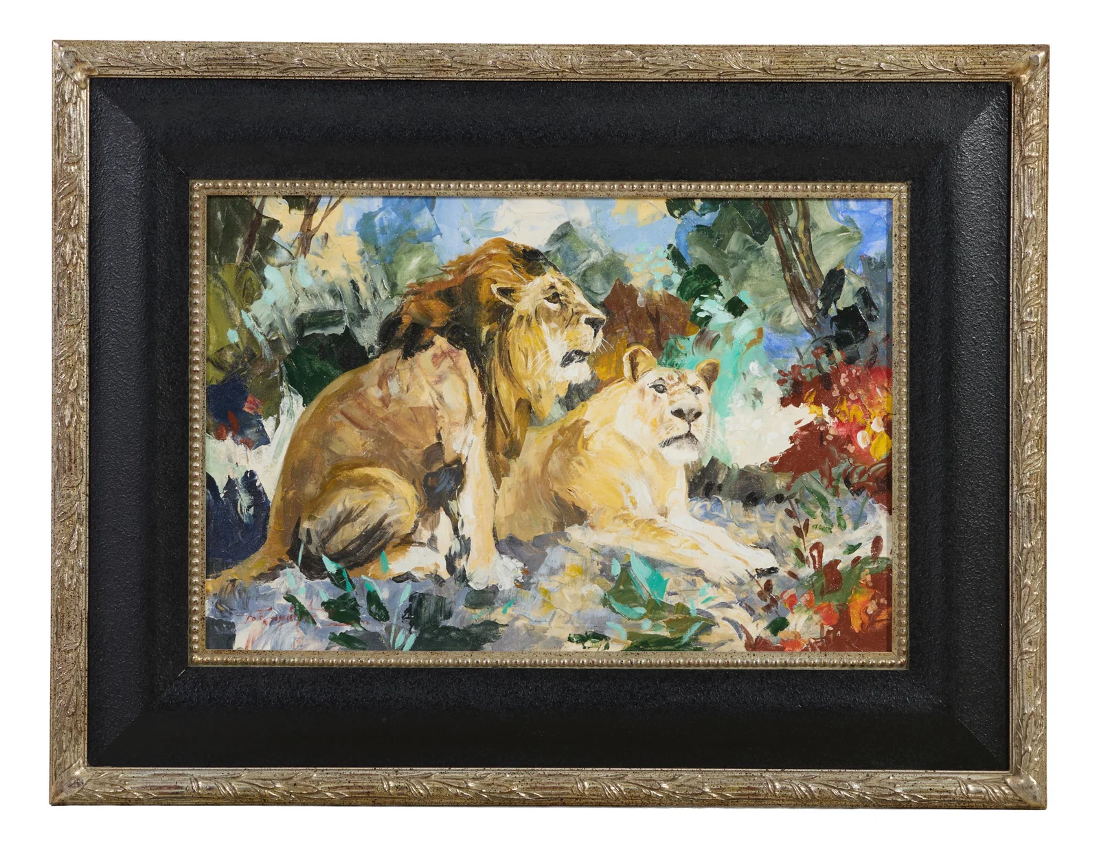 American School (20th/21st Century), "Lions," H.- 24 in., W.- 36 in., Framed- H.- 39 1/2 in., W.- 51