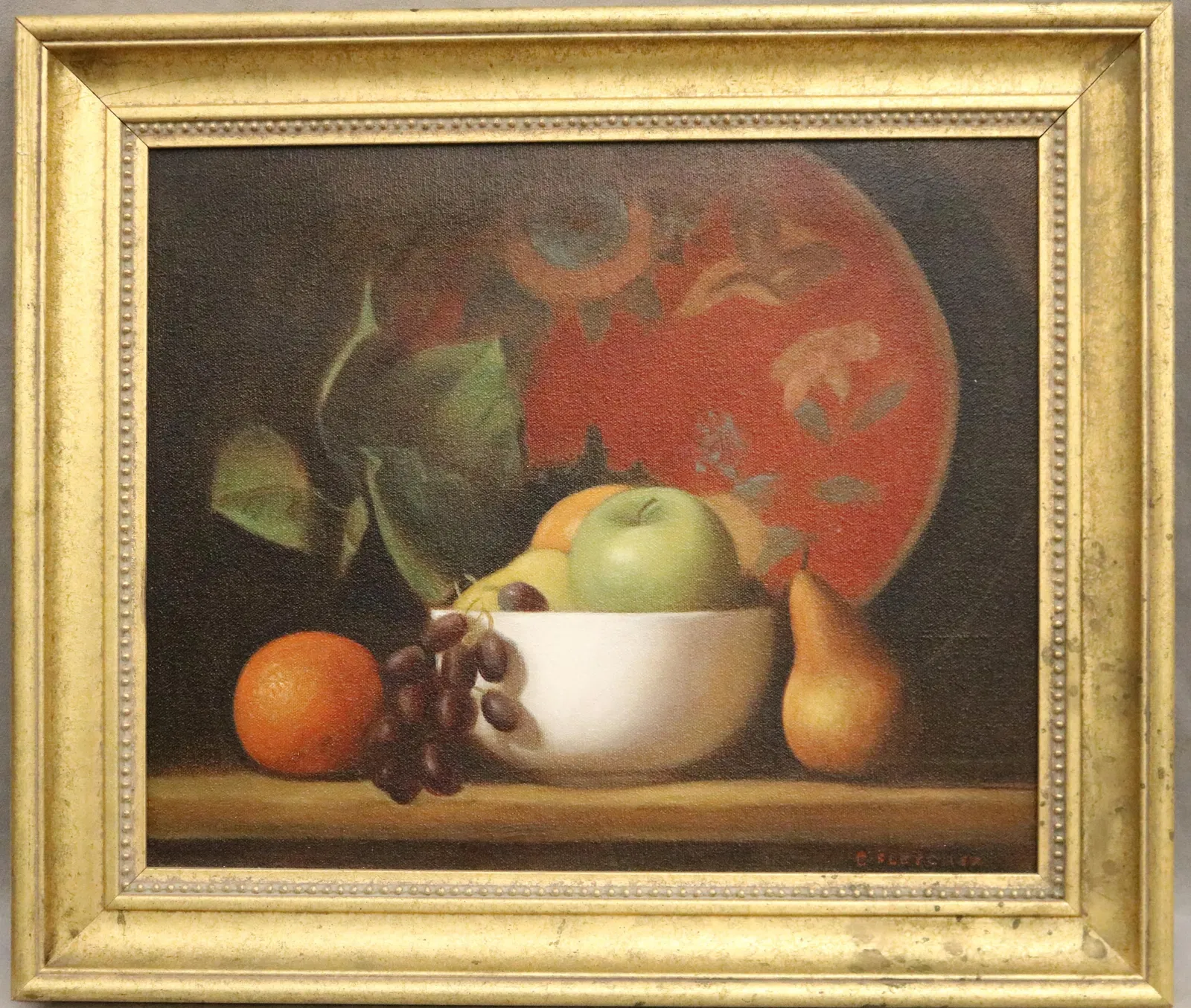 AMERICAN SCHOOL , (20th Century). Still Life with Fruit and Red Plate, Oil on canvas, 14 x 17 inches