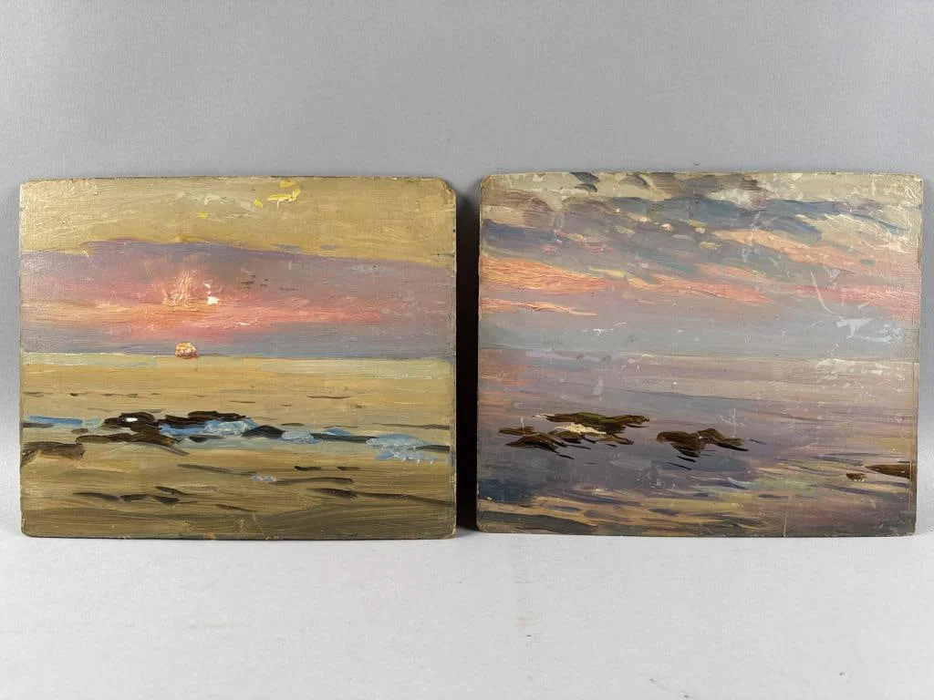 AMERICAN SCHOOL (20th Century,), Two sunset seascapes., Oils on board, 8.5" x 10.5". Unframed.