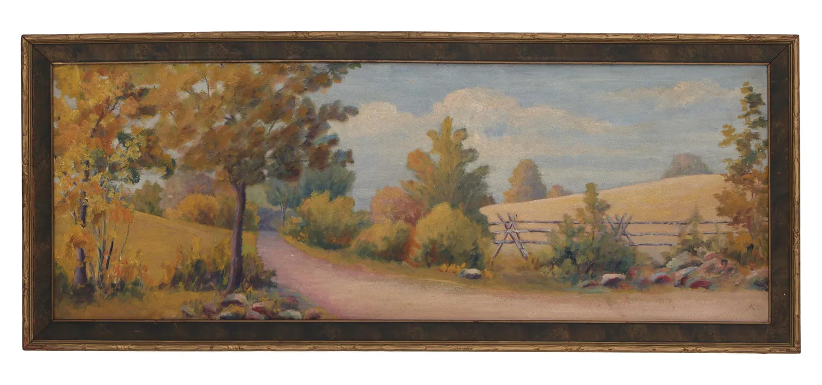American School, "Country Road in the Hills," early 20th c., H.- 12 3/4 in., W.- 35 1/2 in., Framed-
