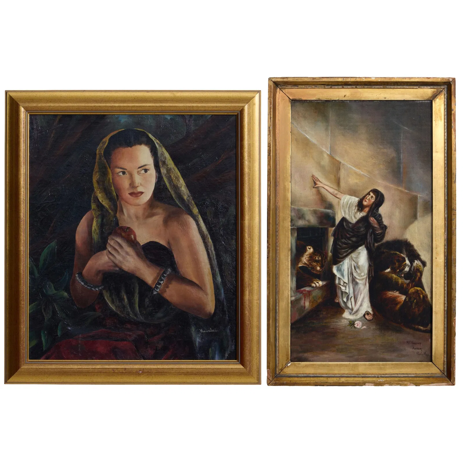 American School (Mid-20th Century), Two Theatrical Paintings, "Seductress with Apple," and "Woman in