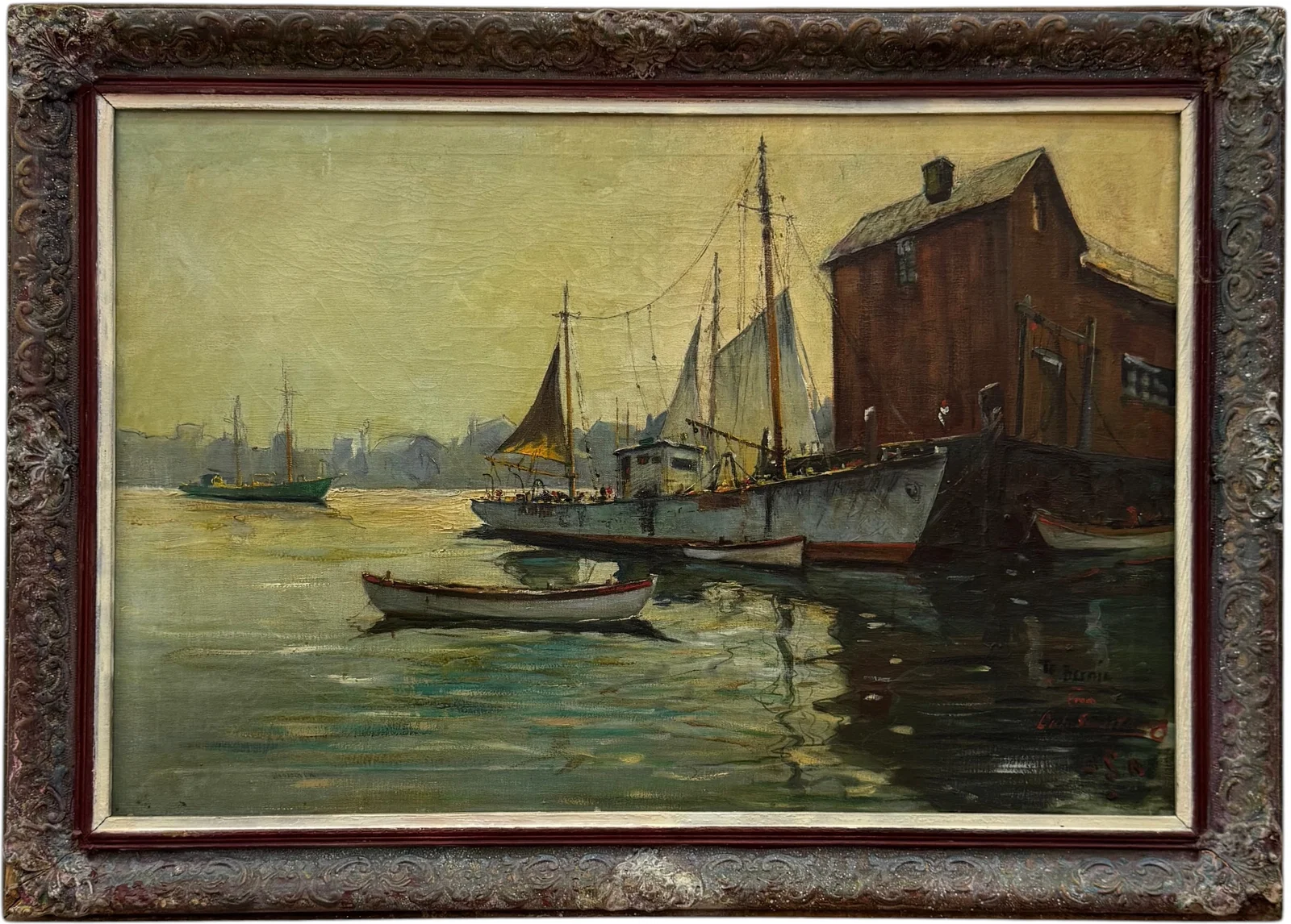 American School Signed Impressionist Scene Of Gloucester Harbor Massachucetts