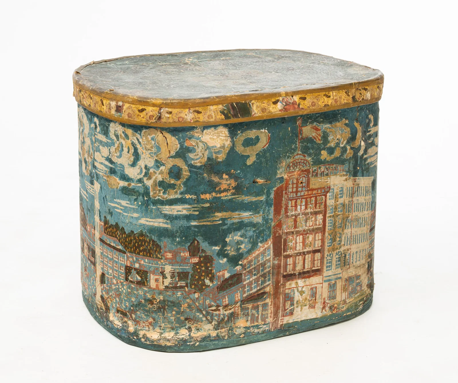 AMERICAN WALLPAPER BAND BOX DECORATED WITH CITYSCAPE.