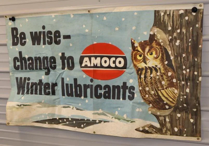 Amoco Be Wise Change to Winter Lubricants Advertising Canvas Banner with Owls