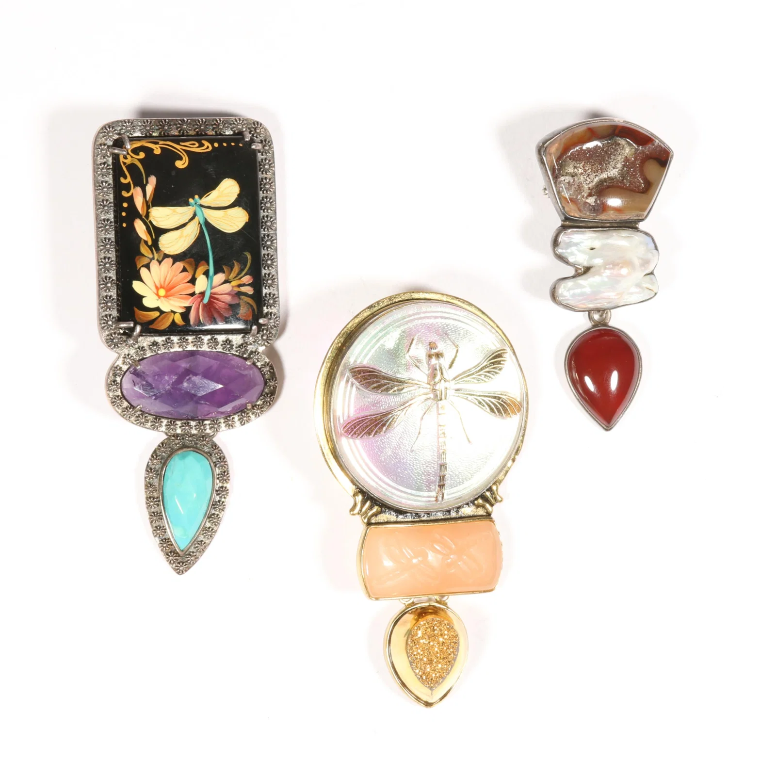 Amy Kahn Russell 3pc group of pendant brooches, with Czech glass, sterling silver, and natural