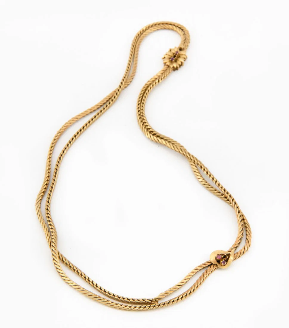 An 18K Gold and Red Gemstone Double Strand Necklace