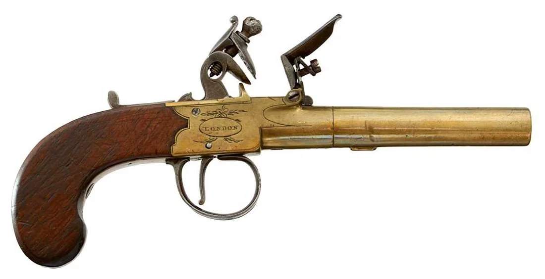 AN 80-BORE FLINTLOCK BOXLOCK POCKET PISTOL,