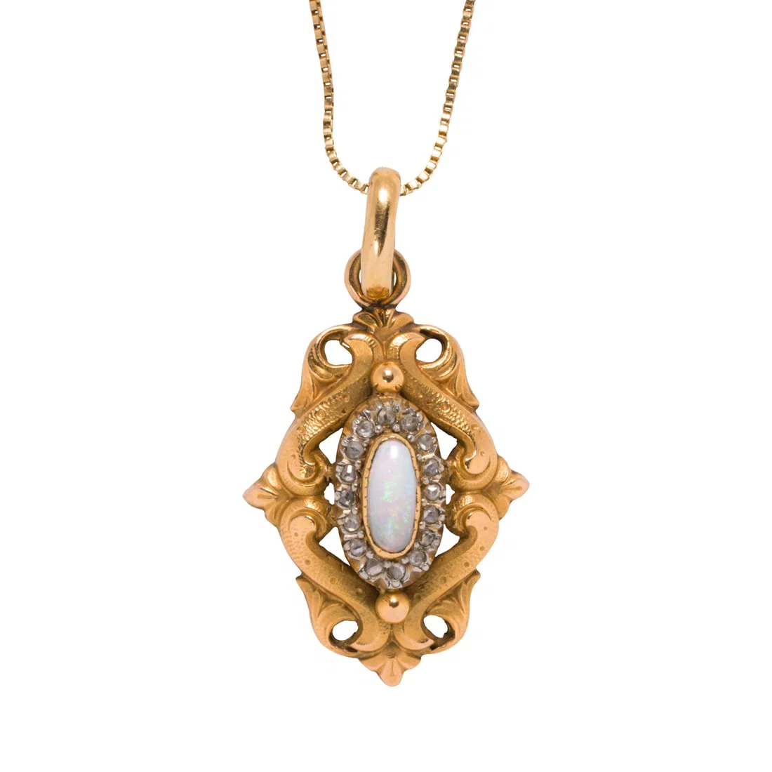 An antique opal, diamond, and 14k gold pendant necklace