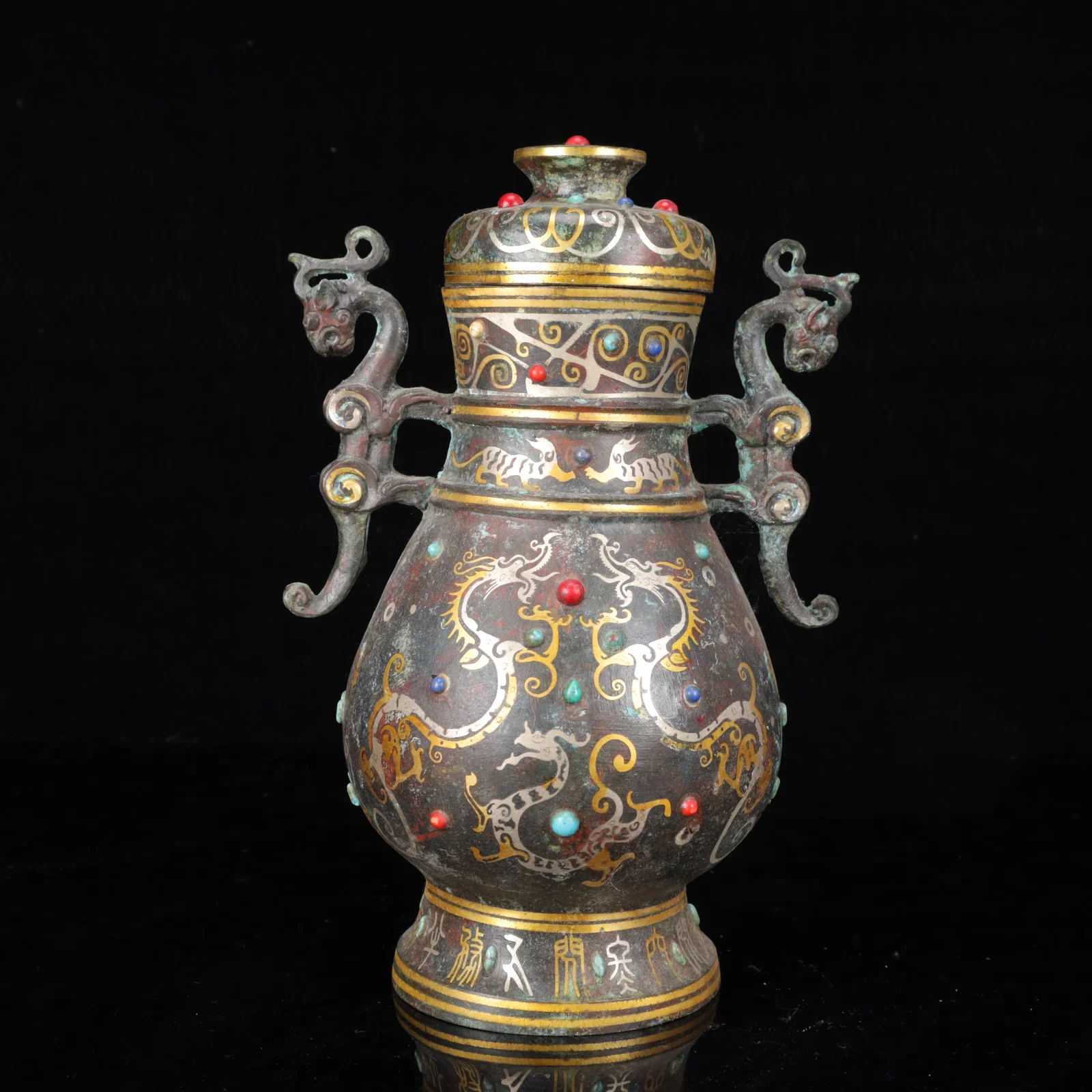 An Archaic Bronze Inlaid Gold and Silver Dragon Pattern Double-Ears Vase,Inlaid Gems