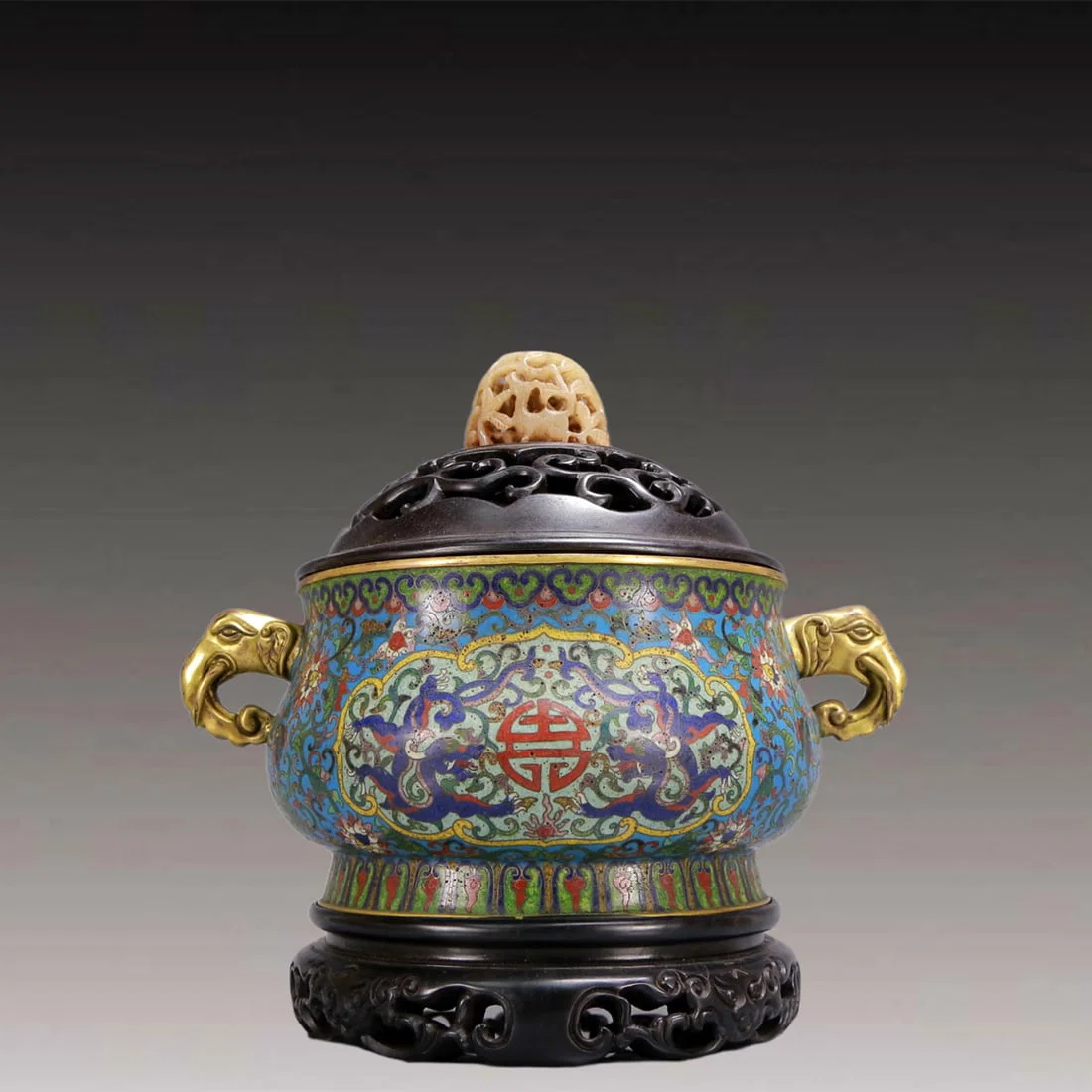 An Archaic Cloisonne Lotus and Dragon Pattern Elephant-Ears Censer,with Zitanwood Inlaid White Jade
