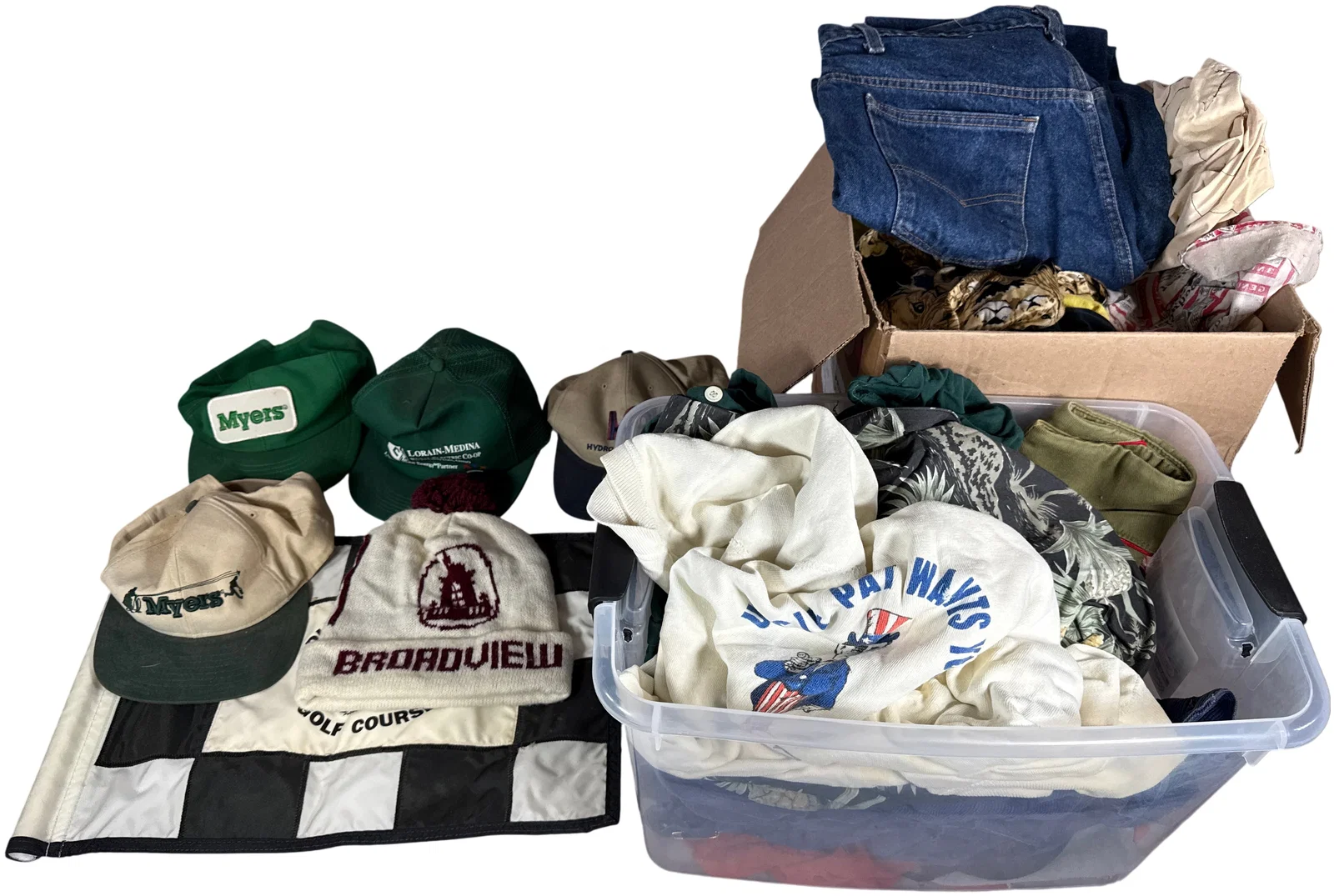 An Assortment of Vintage and Contemporary Apparel and Accessories Including FFA Jacket and Political