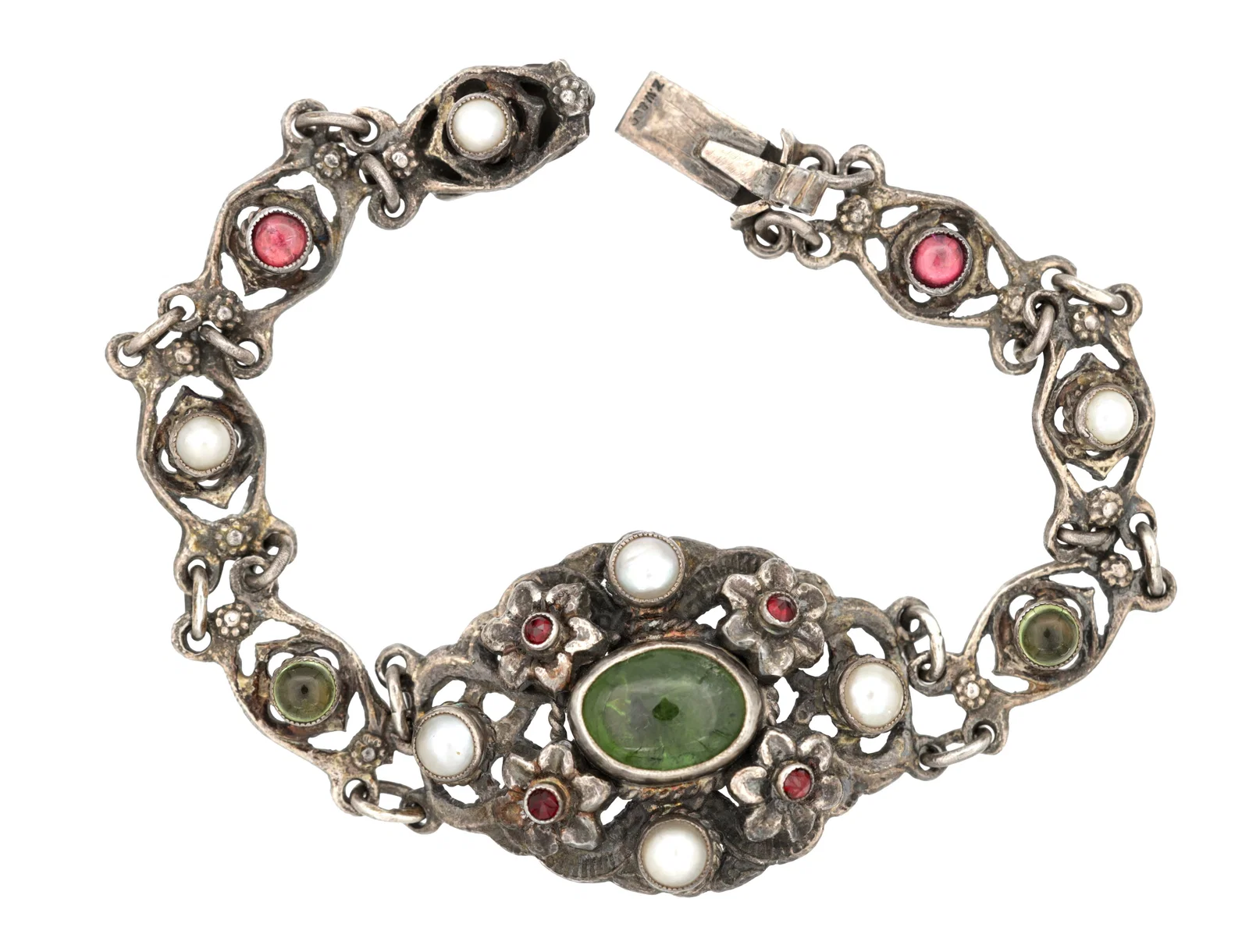 AN AUSTRO-HUNGARIAN SILVER AND CABOCHON-SET BRACELET