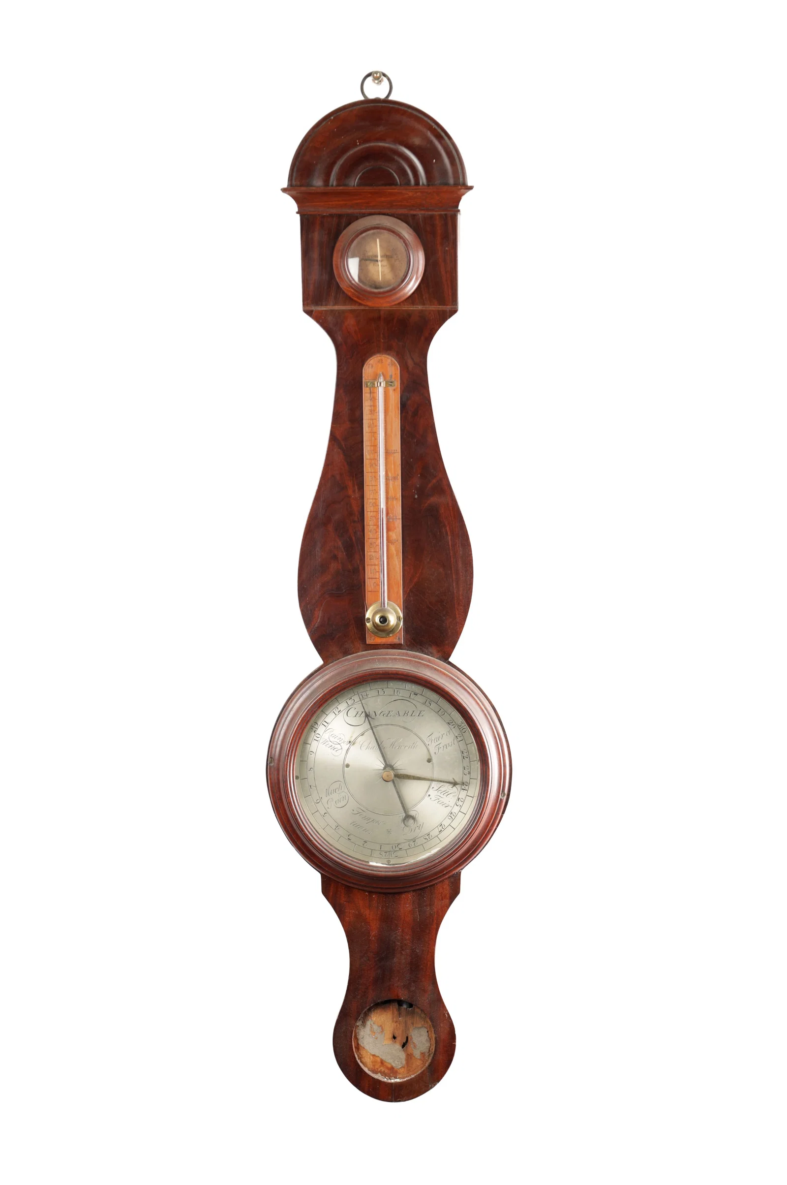 AN EARLY 19TH CENTURY MAHOGANY WHEEL BAROMETER WITH WOODEN BEZEL