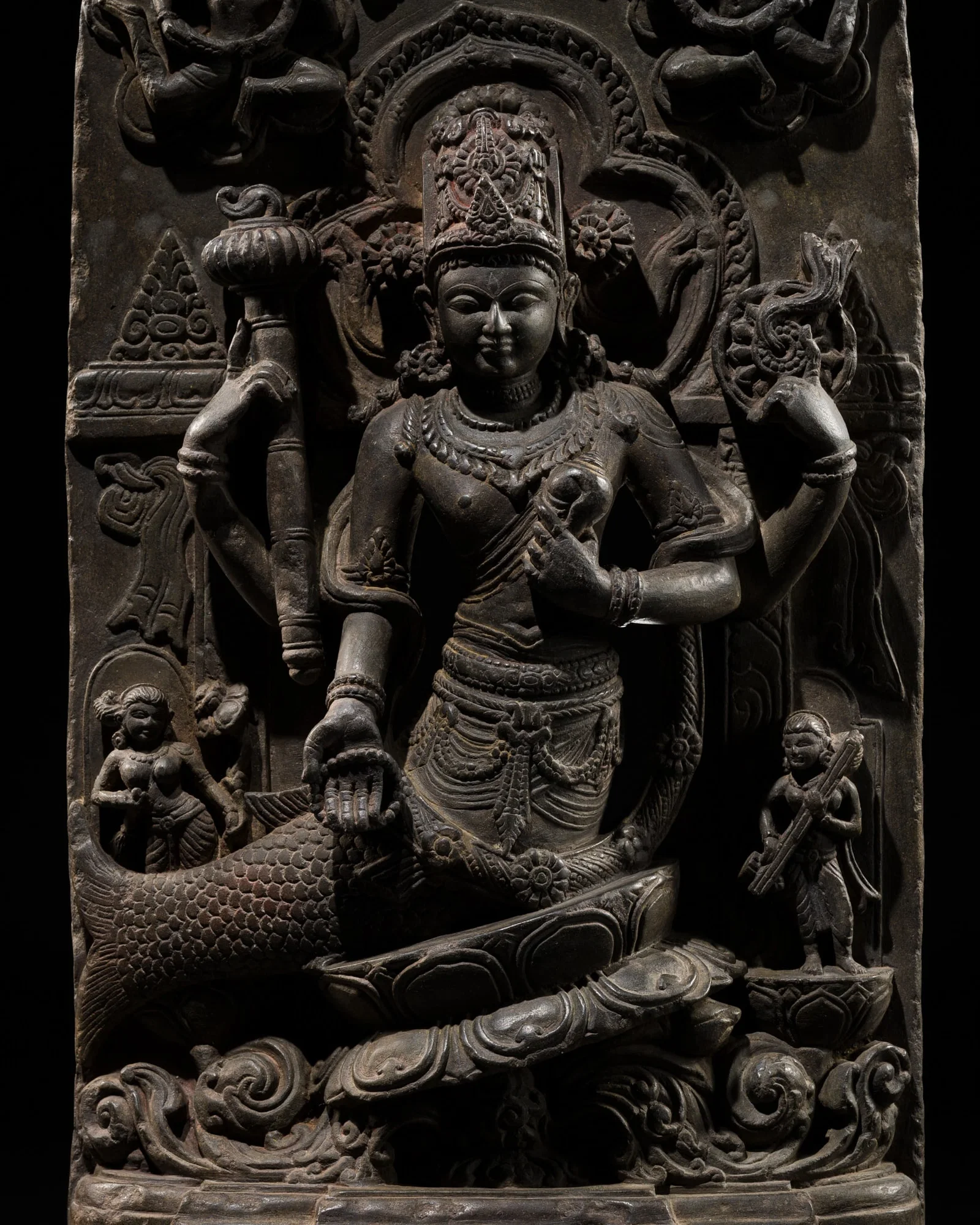 AN EXCEEDINGLY RARE BLACKSTONE STELE OF VISHNU AS THE FISH AVATAR MATSYA, PALA-SENA PERIOD,