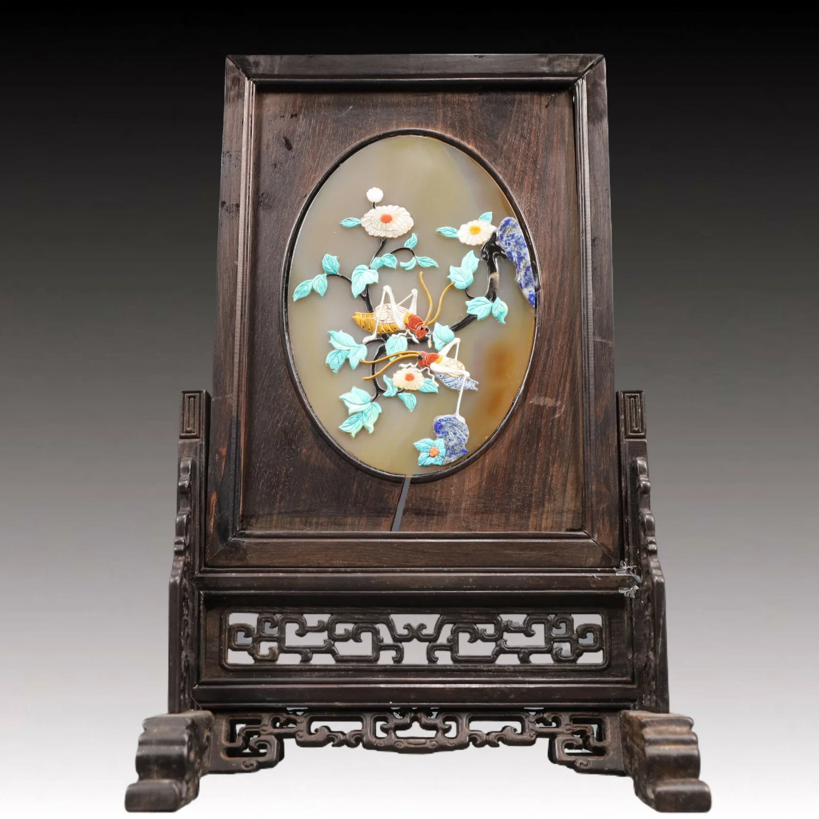An Exquisite Agate Inlaid Gems Flower and Insect Pattern Screen,With Poem