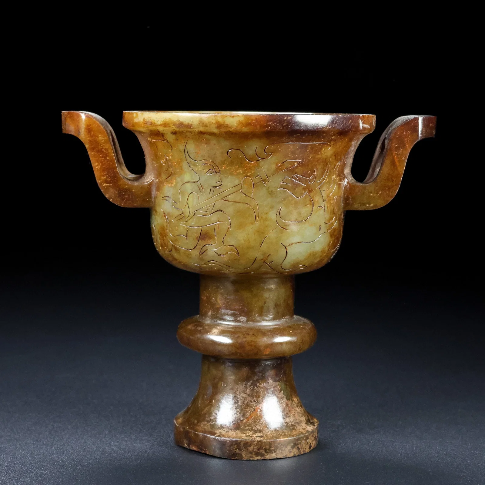 An Exquisite Archaic Jade Figure Pattern Double-Ears Goblet