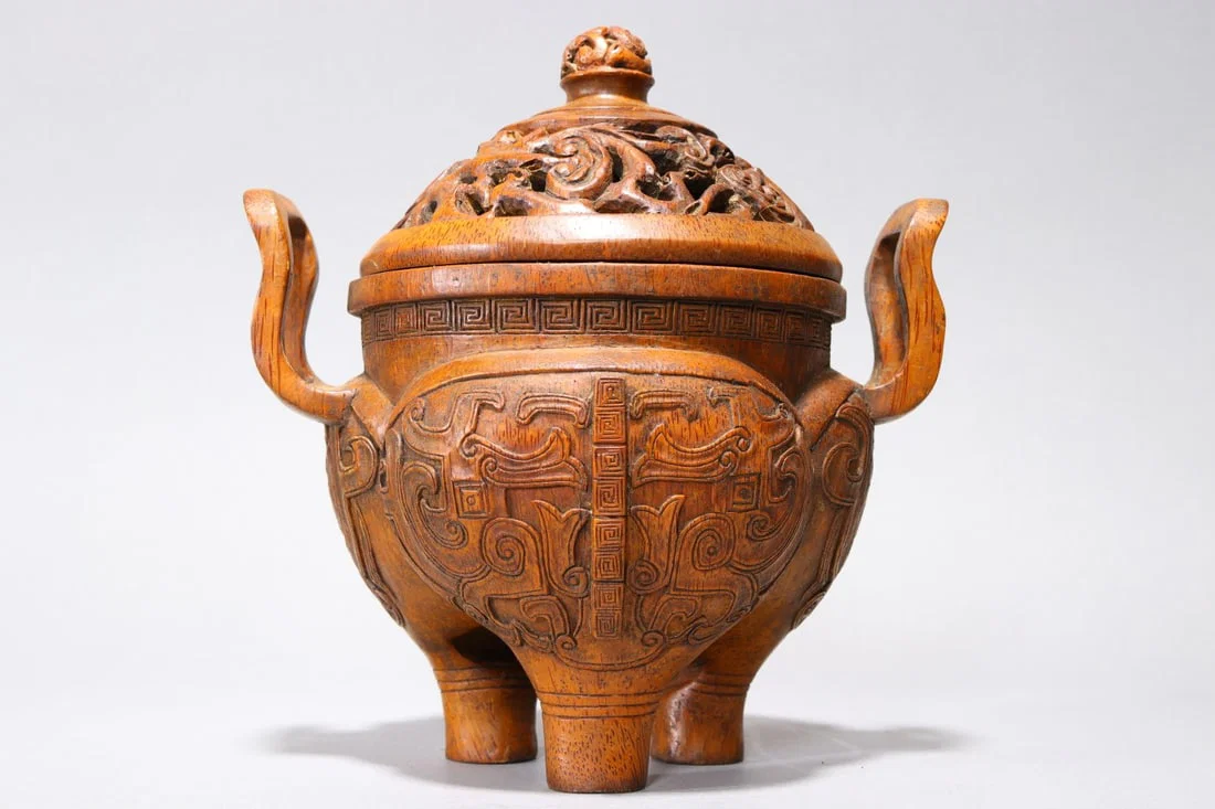 An Exquisite Bamboo Beast-Face Pattern Double-Ears and Tripod Censer