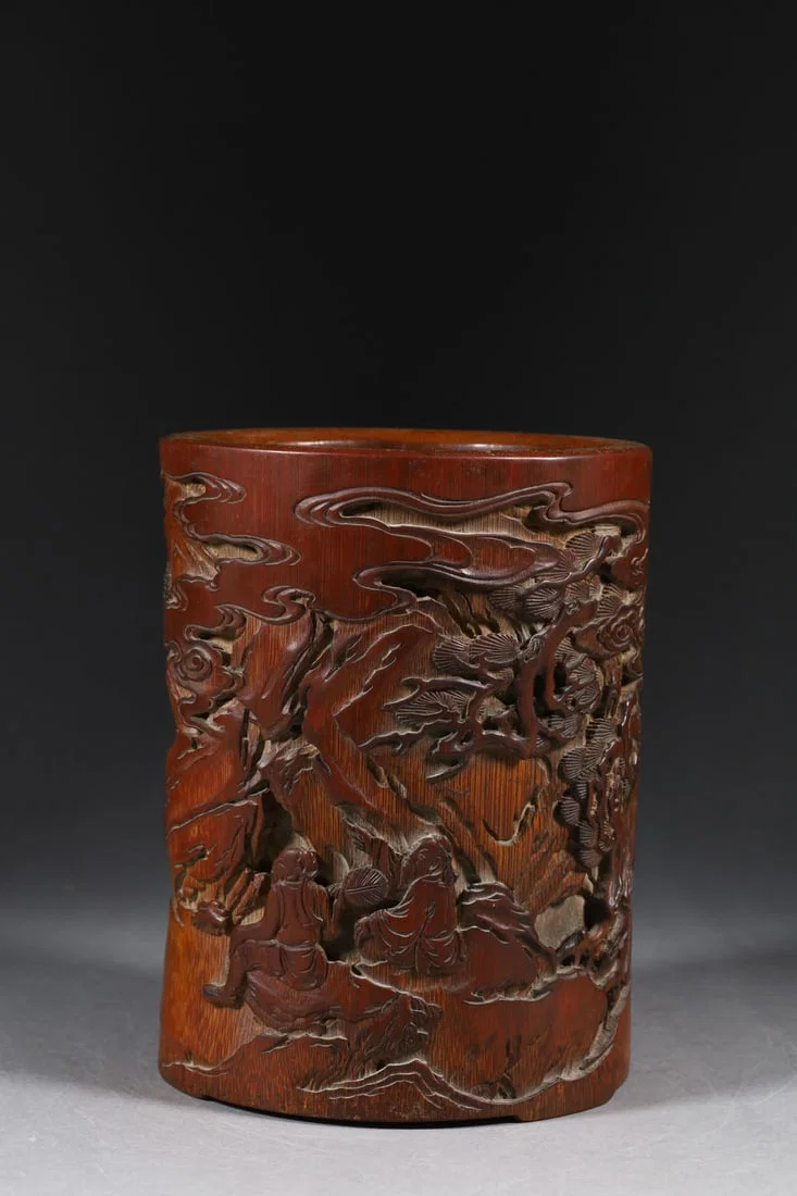An Exquisite Bamboo Landscape and Figure Pattern Brush Pot,With Poem