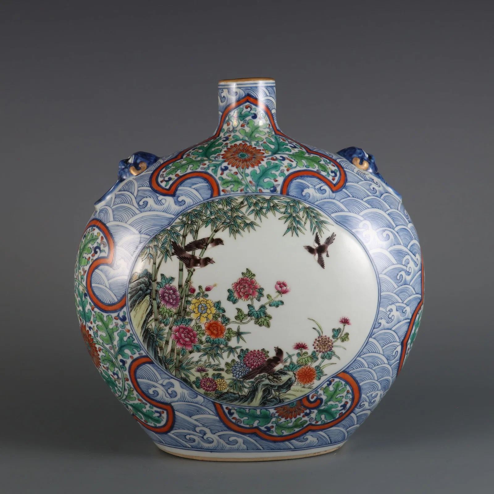 An Exquisite Blue and White Famille-Rose Flower and Bird Pattern Beast-Ears Vase