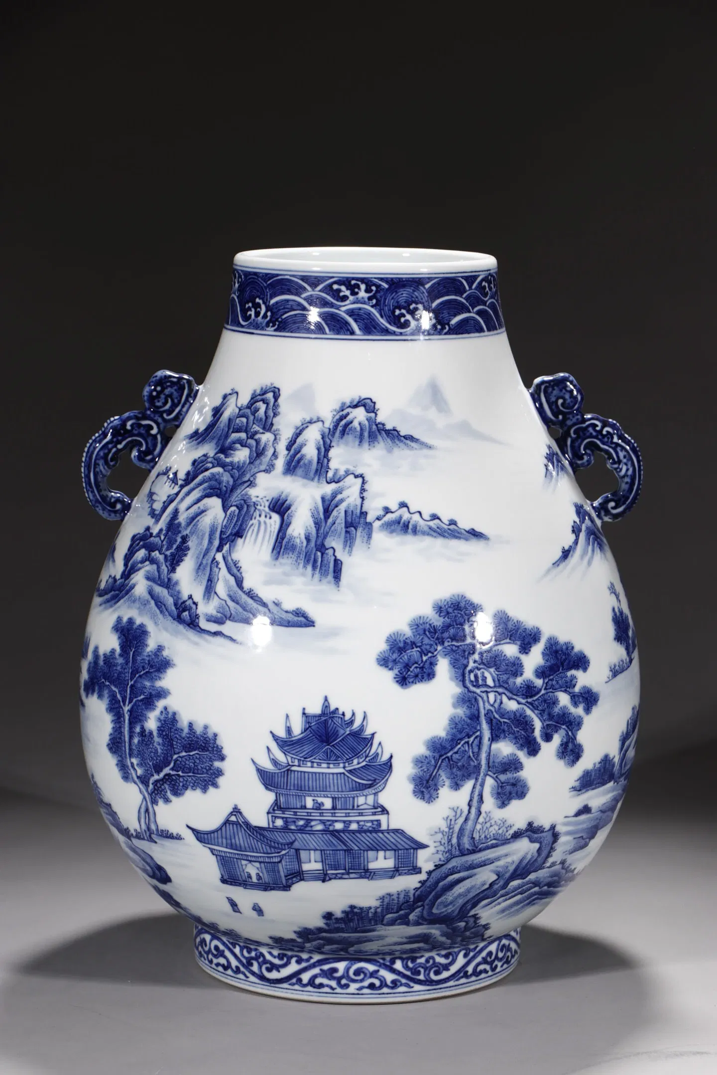 An Exquisite Blue and White Landscape and Figure Pattern Double-Ears Jar