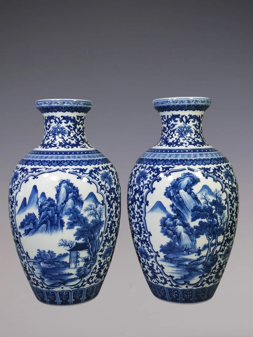 An Exquisite Blue and White Lotus Pattern Landscape and Figure Pattern Vase