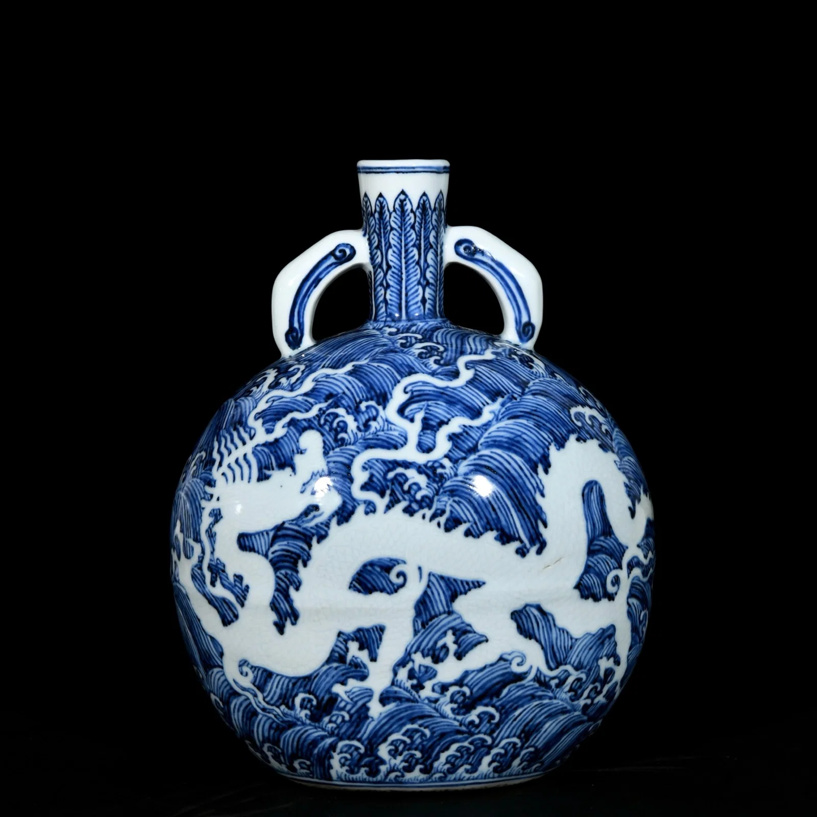 An Exquisite Blue and White Seawater and Dragon Pattern Double-Ears Vase