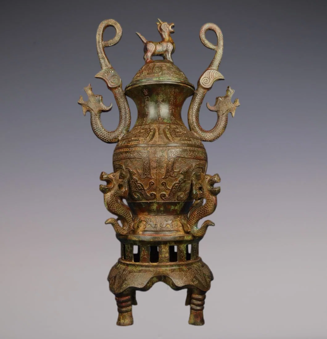 An Exquisite Bronze Dragon Pattern With Inscription Double-Ears Vase
