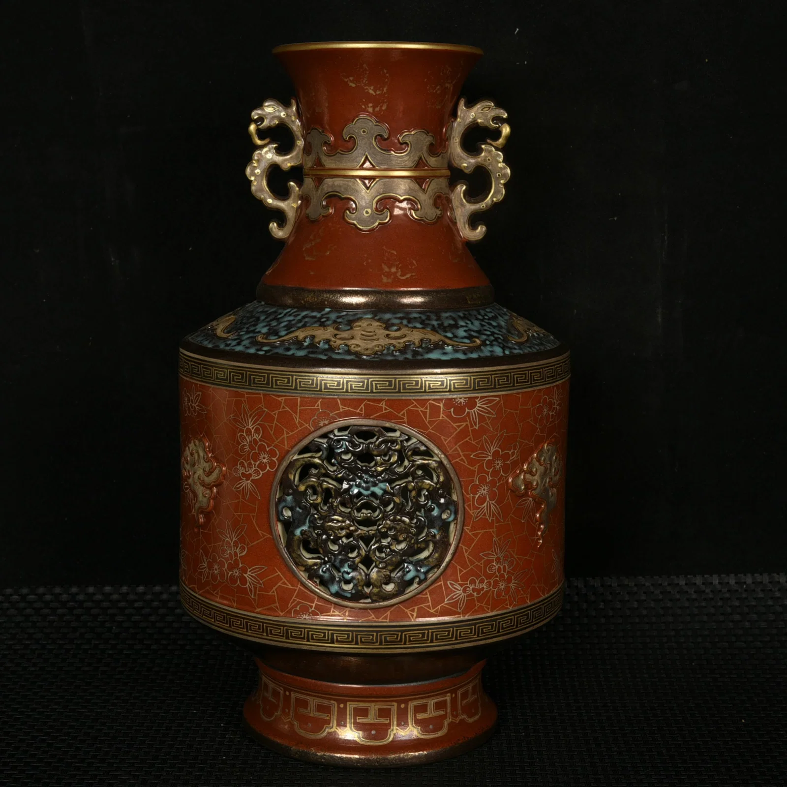 An Exquisite Bronze Glazed Painted Gold Auspicious Cloud and Dragon Pattern Double-Ears Vase