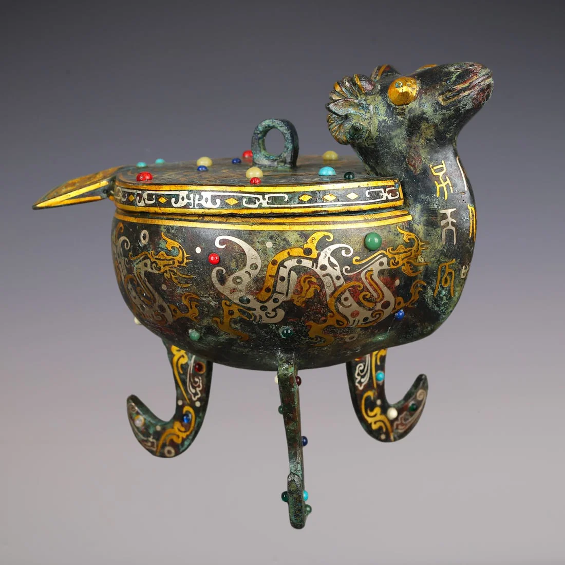 An Exquisite Bronze Inlaid Gold Dragon Pattern With Inscription Sheep-Shaped Censer