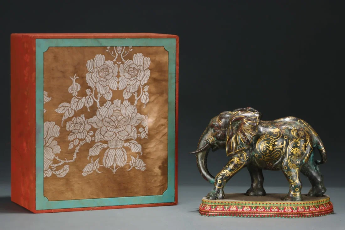 An Exquisite Bronze Inlaid Gold Elephant Ornament,with Inscription