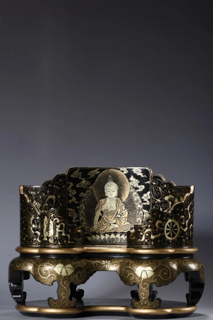 An Exquisite Carved Lacquer Painted Gold Buddha Statue Pattern Throne,with Scriptures