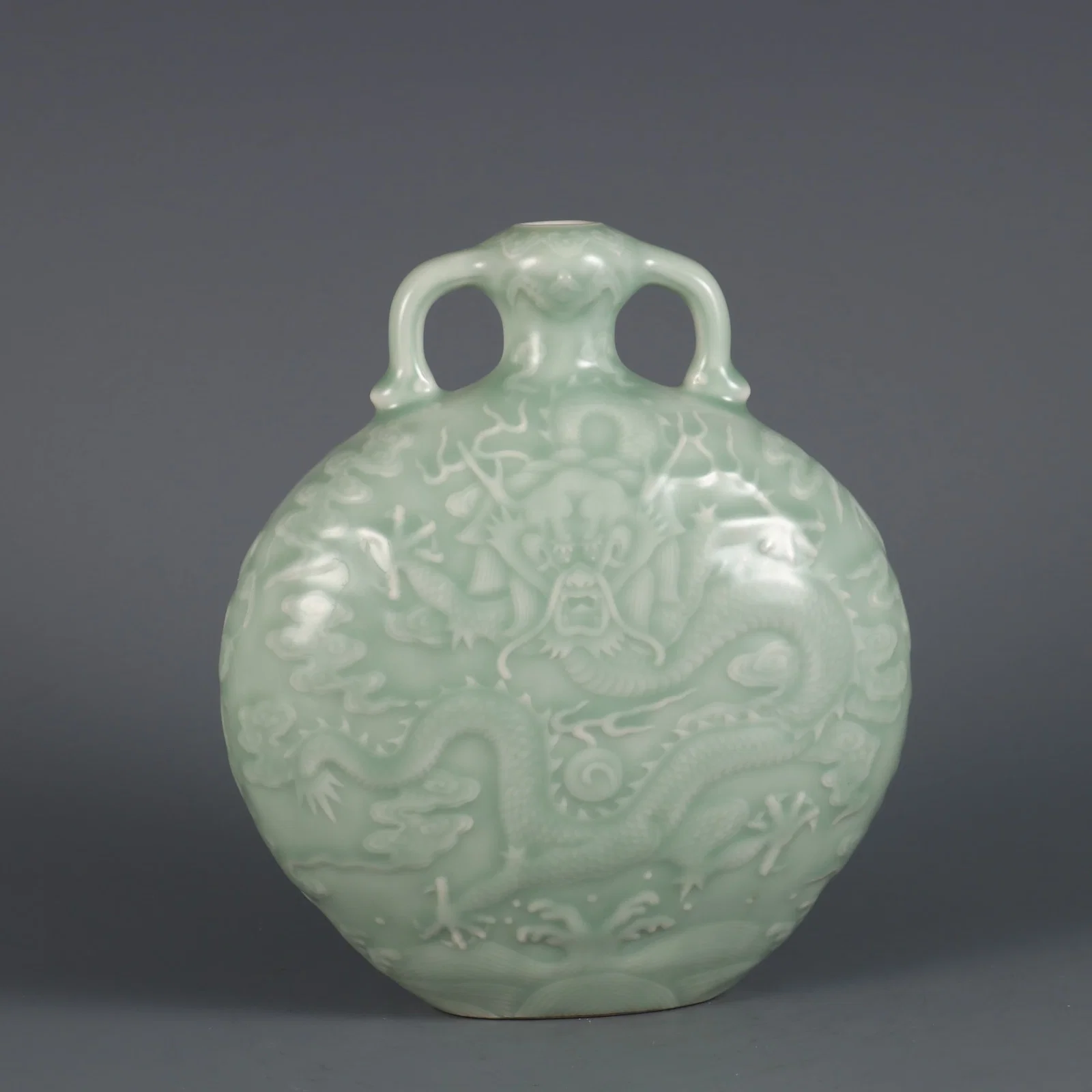 An Exquisite Celadon Glazed Dragon Pattern Seawater Pattern Double-Ears Vase