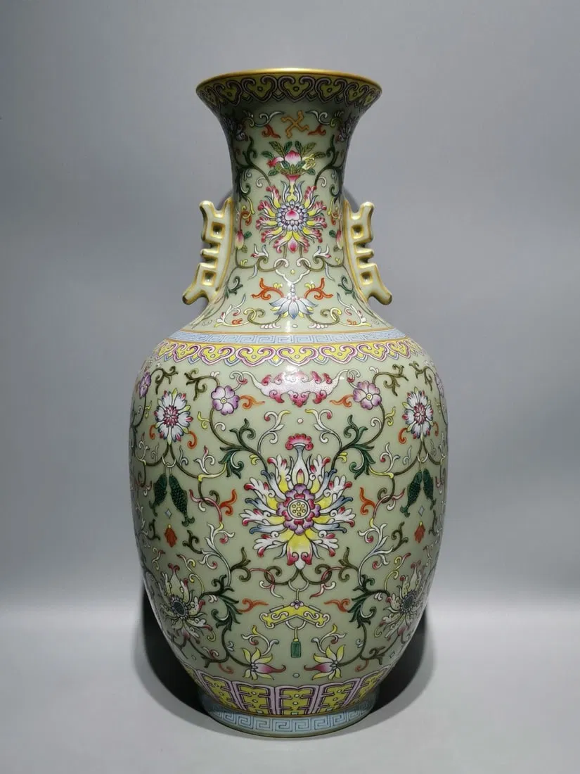 An Exquisite Celadon Glazed Enamel Painted Gold Lotus Pattern Double-Ears Vase