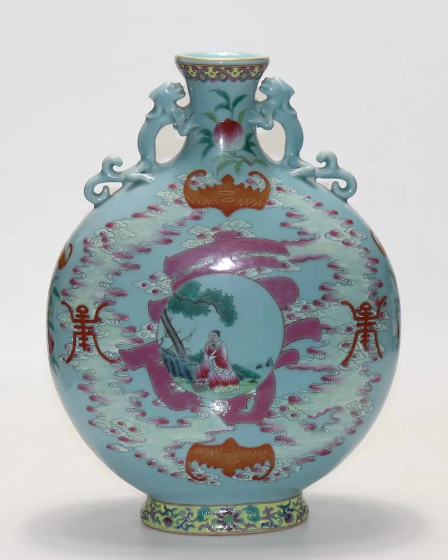An Exquisite Celadon Glazed Famille-Rose Figure Pattern Double-Ears Vase