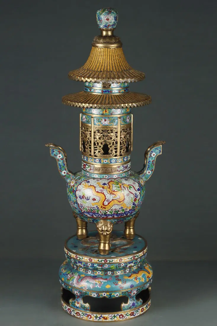 An Exquisite Cloisonne Auspicious Cloud and Dragon Pattern Double-Ears and Tripod Censer,with Base