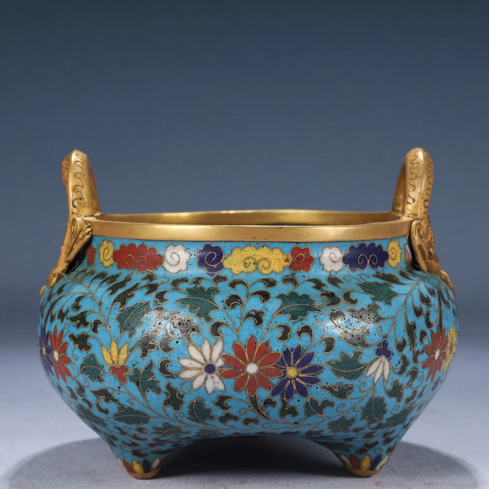 An Exquisite Cloisonne Flower Pattern Dragon-Ears and Tripod Censer