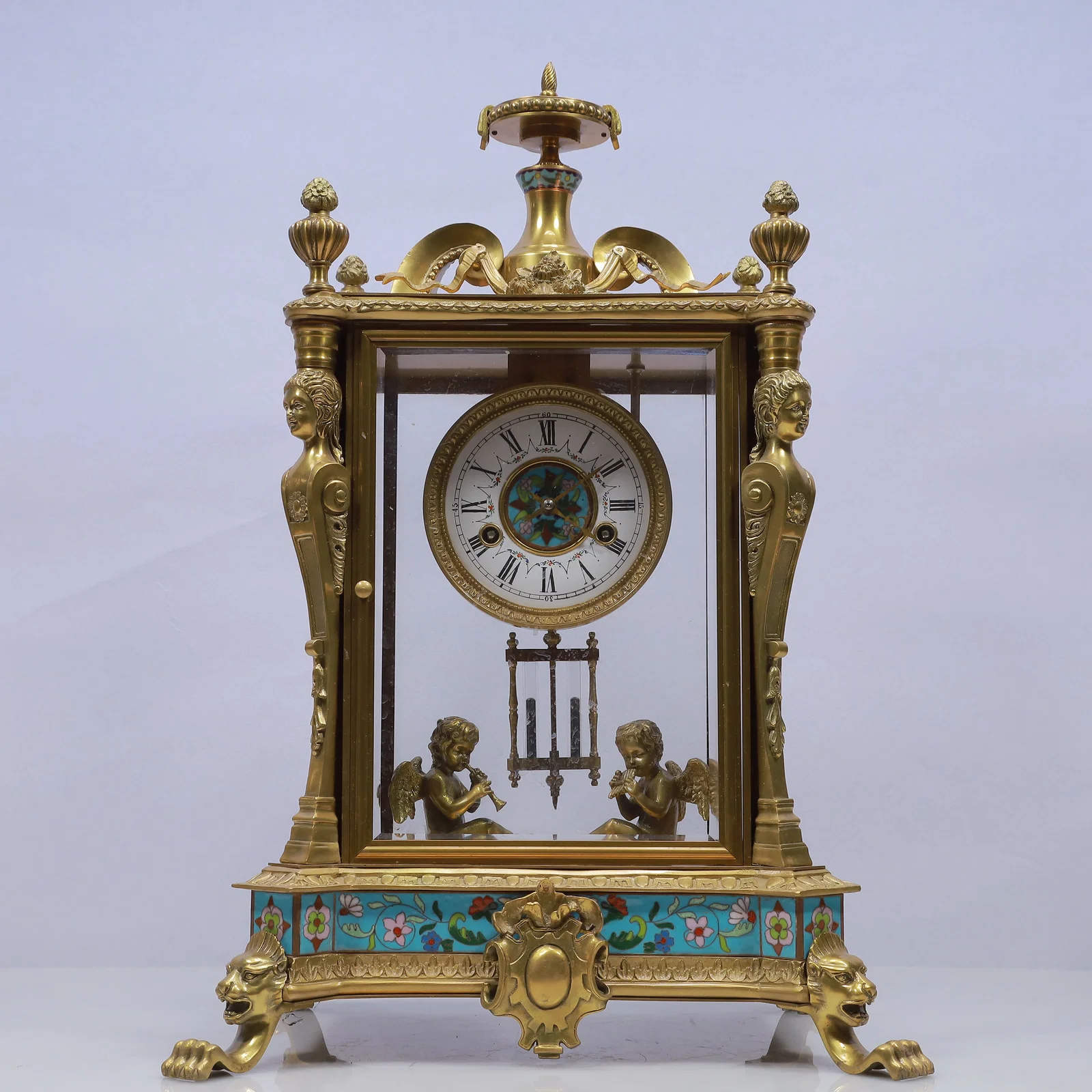 An Exquisite Cloisonne Flower Pattern Figure Table Clock Ornament