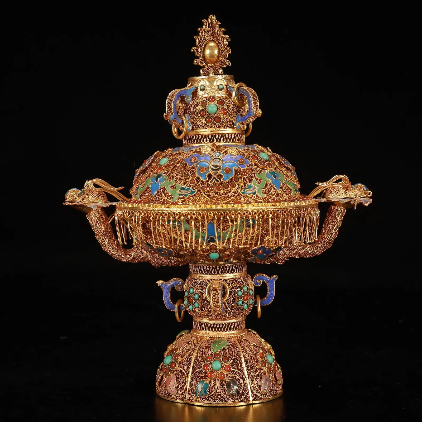 An Exquisite Cloisonne Gilt Flower Pattern Dragon-Ears Censer,Inlaid Gems