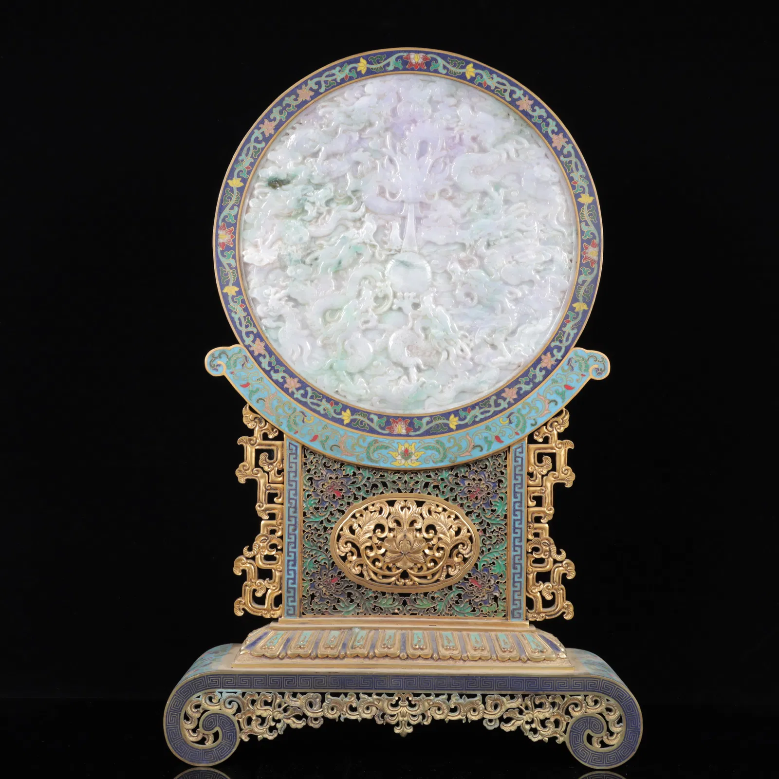 An Exquisite Cloisonne Inlaid White Jade Dragon Pattern Table Screen,with poem