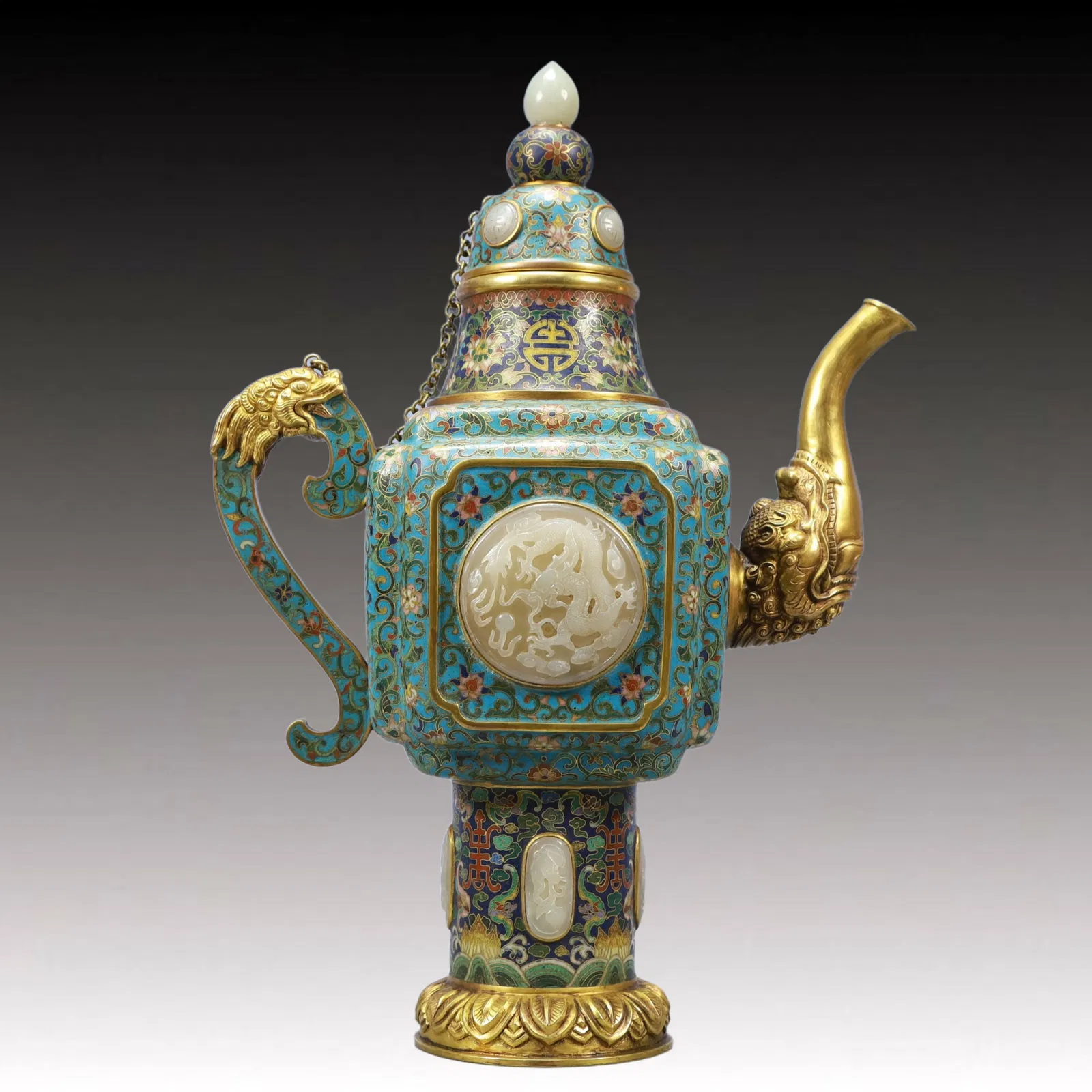 An Exquisite Cloisonne Inlaid White Jade Lotus and Dragon Pattern Beast-mouse Ewer