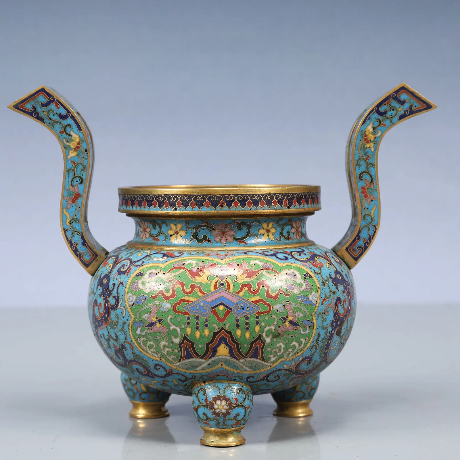 An Exquisite Cloisonne Lotus and Bats Pattern Double-Ears and Tripod Censer