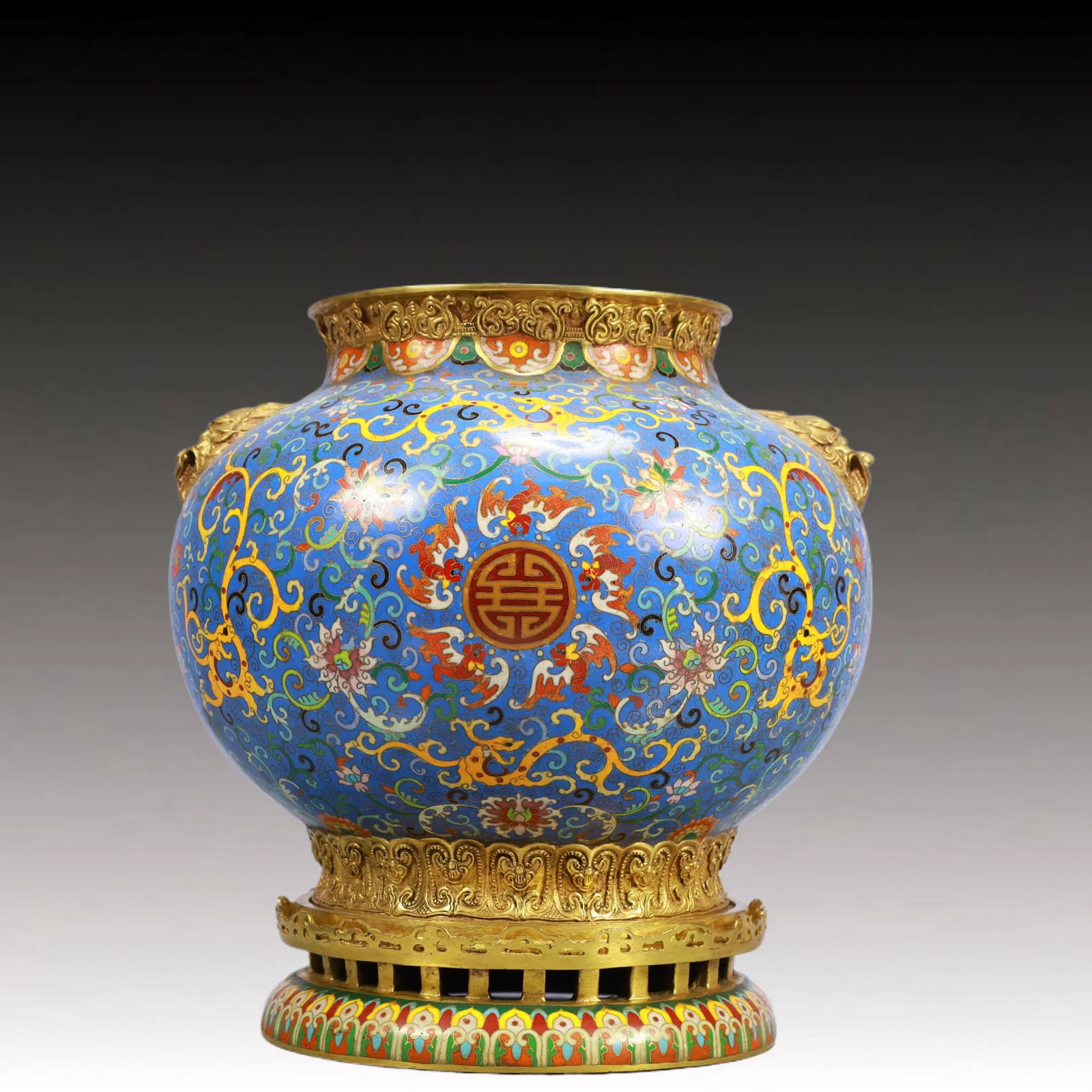 An Exquisite Cloisonne Lotus and Dragon Pattern Beast-Ears Pot