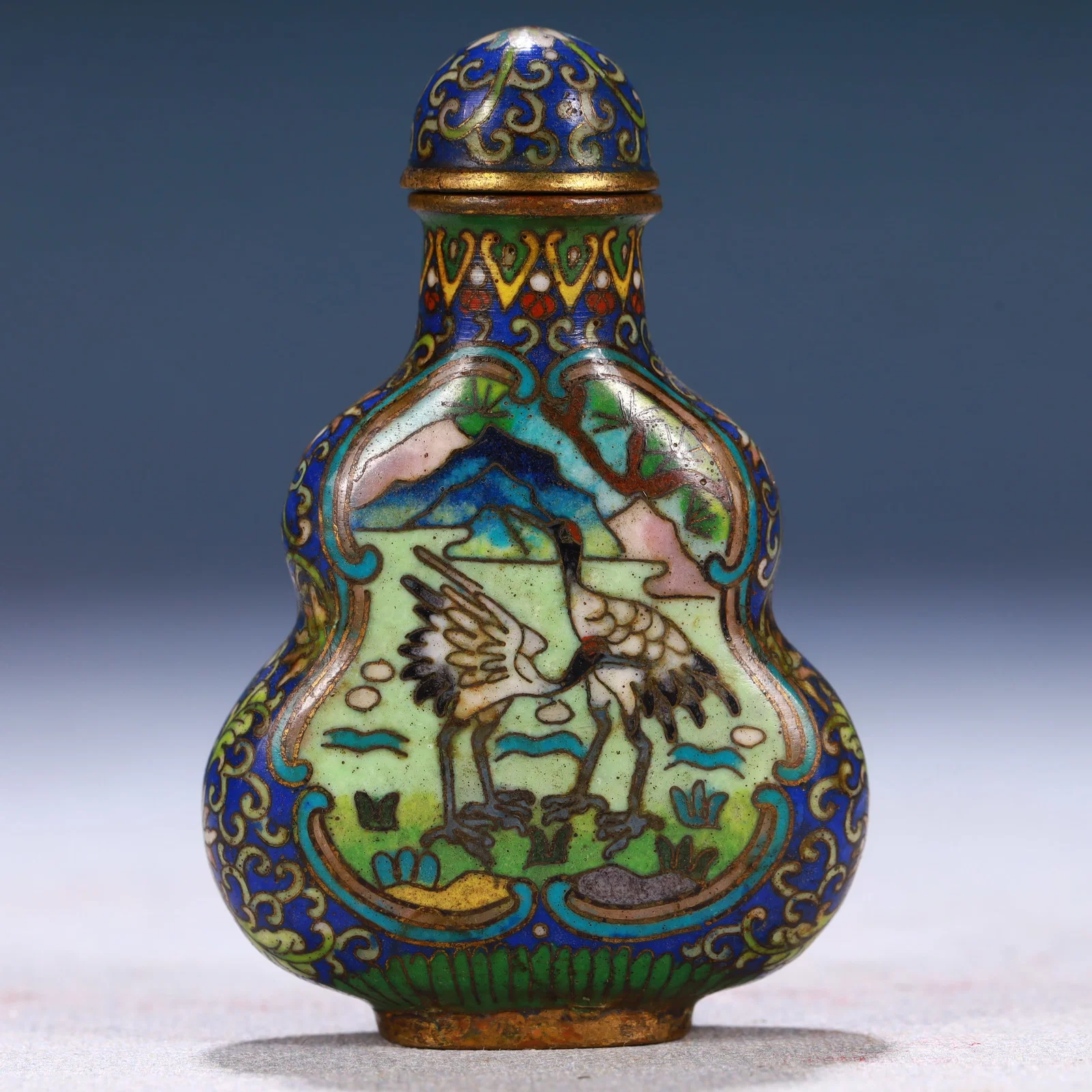 An Exquisite Cloisonne Pine and Crane Pattern Snuff Bottle