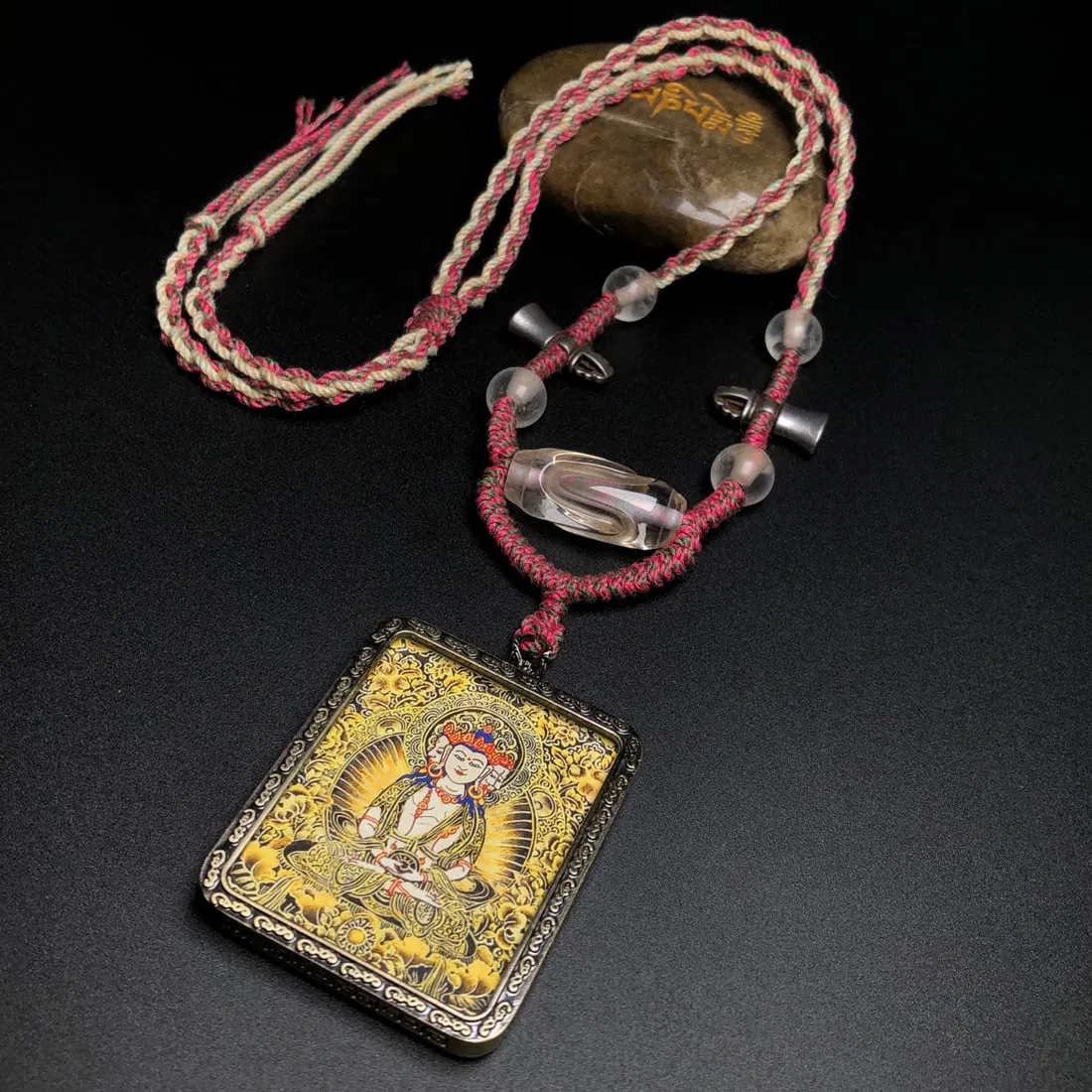 An Exquisite Crystal Inlaid Bronze Mah?vairocana Tangka Necklace