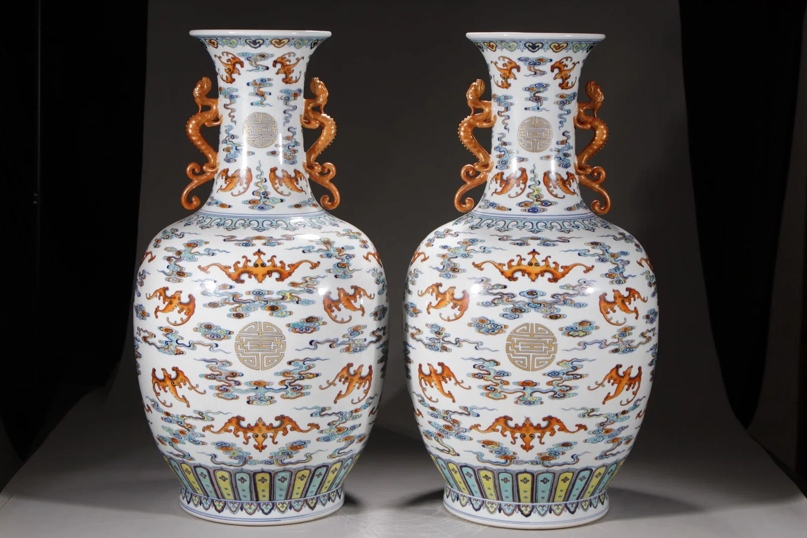 An Exquisite Doucai Bats and Peach Pattern Double-Ears Vase